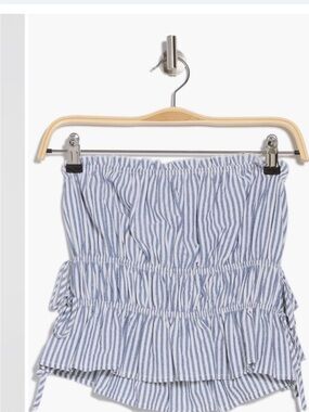 Lush Blue and White Striped Strapless Peplum Top